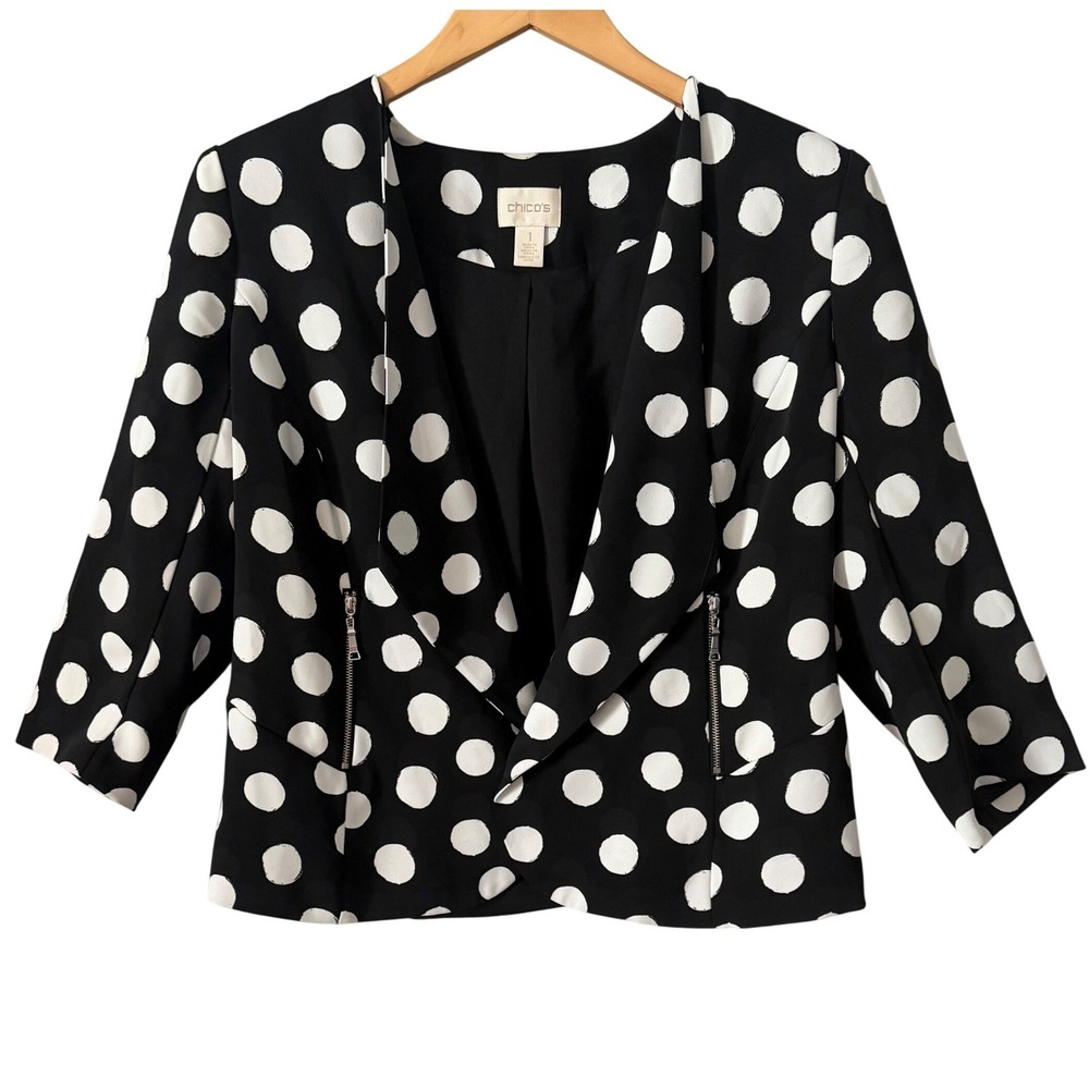 Chicos Sz 1- 8/10 Black White Polka Dot Open Front Blazer Zipper Pocket Retro